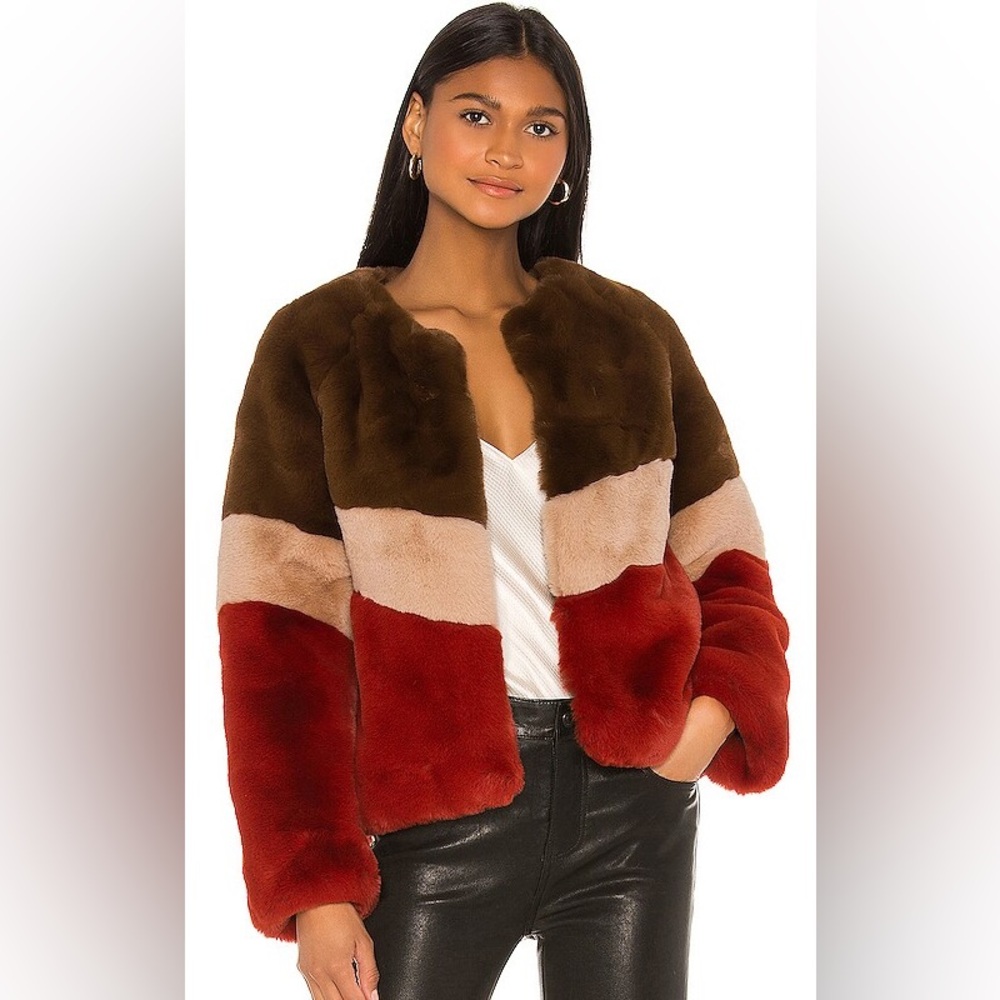 Apparis Brigitte Faux Fur Jacket in chocolat, sand and ginger, Size Small